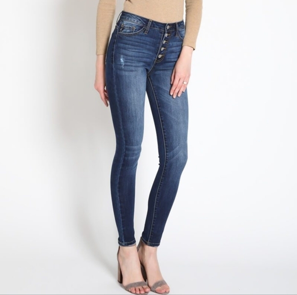 KanCan Women's 24 High Rise Button Fly Distressed Super Skinny Jean Dark Wash - Picture 2 of 10